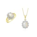 Rylos Women's Yellow Gold Plated Silver Princess Diana Ring &amp; Pendant Set. Gemstone &amp; Diamonds, 9X7MM Birthstone. Matching Friendship Jewelry, Sizes 5-10.