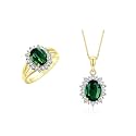 Rylos Women's Yellow Gold Plated Silver Princess Diana Ring &amp; Pendant Set. Gemstone &amp; Diamonds, 9X7MM Birthstone. Matching Friendship Jewelry, Sizes 5-10.