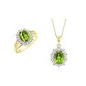 Rylos Women's Yellow Gold Plated Silver Princess Diana Ring &amp; Pendant Set. Gemstone &amp; Diamonds, 9X7MM Birthstone. Matching Friendship Jewelry, Sizes 5-10.