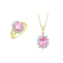 Rylos Women's Yellow Gold Plated Silver Princess Diana Ring &amp; Pendant Set. Gemstone &amp; Diamonds, 9X7MM Birthstone. Matching Friendship Jewelry, Sizes 5-10.