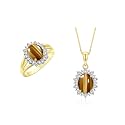 Rylos Women's Yellow Gold Plated Silver Princess Diana Ring &amp; Pendant Set. Gemstone &amp; Diamonds, 9X7MM Birthstone. Matching Friendship Jewelry, Sizes 5-10.