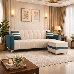 rythmn dual tone plush 4 seater l shape sofa set with movable ottoman  flexible left or right layout  silken velvet suede golden metal legs  for living rooms green teal amp cream