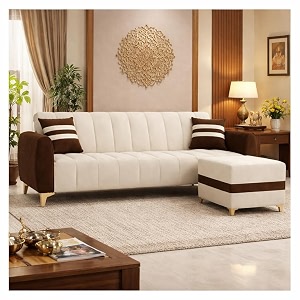 rythmn dual tone plush 4 seater l shape sofa set with movable ottoman  flexible left or right layout  silken velvet suede golden metal legs  for living rooms dark brown amp cream
