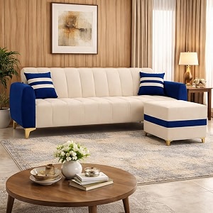 rythmn dual tone plush 4 seater l shape sofa set with movable ottoman  flexible left or right layout  silken velvet suede golden metal legs  for living rooms dark blue amp cream