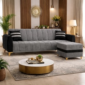 rythmn dual tone plush 4 seater l shape sofa set with movable ottoman  flexible left or right layout  silken velvet suede golden metal legs  for living rooms black amp light grey