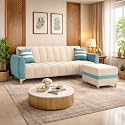 RYTHMN Dual Tone Plush 4 Seater L Shape Sofa Set with Movable Ottoman | Flexible Left or Right Layout | Silken Velvet Suede| Golden Metal Legs | for Living Rooms (Sky Blue & Cream)