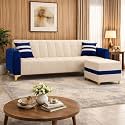 RYTHMN Dual Tone Plush 4 Seater L Shape Sofa Set with Movable Ottoman | Flexible Left or Right Layout | Silken Velvet Suede| Golden Metal Legs | for Living Rooms (Dark Blue &amp; Cream)