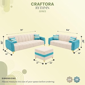 rythmn dual tone plush velvet 3  2 sofa set with ottoman  silken velvet suede upholstery  golden metal legs  designer sofa set for living rooms amp office spaces sky blue amp cream