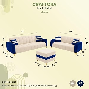 rythmn dual tone plush velvet 3  2 sofa set with ottoman  silken velvet suede upholstery  golden metal legs  designer sofa set for living rooms amp office spaces dark blue amp cream
