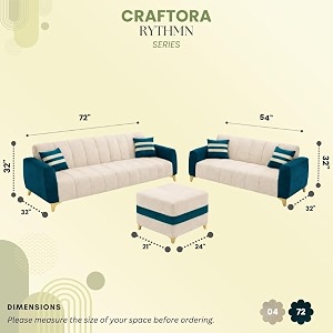 rythmn dual tone plush velvet 3  2 sofa set with ottoman  silken velvet suede upholstery  golden metal legs  designer sofa set for living rooms amp office spaces teal green amp cream