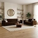 RYTHMN Dual Tone Plush Velvet 3 + 2 Seater Sofa Set | Silken Velvet Suede Upholstery | Golden Metal Legs | Designer Sofa Set for Living Rooms &amp; Office Spaces (Dark Brown)