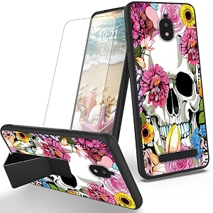 ryuithdjp for blu view 2 phone case b130dl flowers skull theme with screen protector detachable stand phone case for blu view 2 case soft tpu stylish protective cover