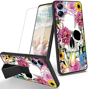 ryuithdjp for samsung galaxy a04e phone case flowers skull theme with screen protector detachable stand phone case for samsung galaxy a04e case soft tpu stylish protective cover