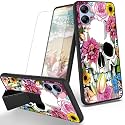 RYUITHDJP for Samsung Galaxy A04e Phone Case Flowers Skull Theme with Screen Protector Detachable Stand Phone Case for Samsung Galaxy A04e Case Soft TPU Stylish Protective Cover