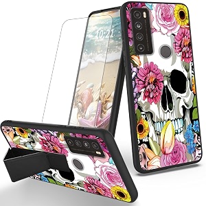 ryuithdjp for tcl 30xl phone case flowers skull theme with screen protector detachable stand phone case for tcl 30 xl case soft tpu stylish protective cover