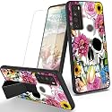 RYUITHDJP for TCL 30XL Phone Case Flowers Skull Theme with Screen Protector Detachable Stand Phone Case for TCL 30 XL Case Soft TPU Stylish Protective Cover