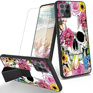 ryuithdjp for tmobile revvl 6 pro 5g phone case flowers skull theme with screen protector detachable stand phone case for t-mobile revvl 6 pro 5g case soft tpu stylish protective cover