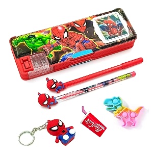 rza plastic multicolor 2023 pencil box 5 items combo 1 pen 1 pencil 1 eraser 1 key chain geometry box spider pop m
