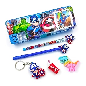 rza plastic 2023 pencil box 5 items combo 1 pen 1 pencil 1 eraser 1 key chain geometry box avengers pop m black