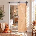 S&Z TOPHAND® 24in x 80in Unfinished British Brace Knotty Barn Door with Sliding Hardware Kit/Solid Wood/Sliding Door/Double Surfaces/A Simple Assembly is Required