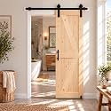 S&Z TOPHAND® 30in x 80in Unfinished British Brace Knotty Barn Door with Sliding Door Hardware Kit/Solid Wood/Sliding/Double Surfaces/A Simple Assembly is Required