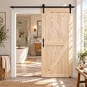 S&amp;Z TOPHAND® 32in x 80in Unfinished British Brace Knotty Barn Door with Sliding Door Hardware Kit/Solid Wood/Sliding/Double Surfaces/A Simple Assembly is Required