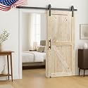 S&amp;Z TOPHAND® 36in x 80in Unfinished British Brace Knotty Barn Door with Sliding Door Hardware Kit/Solid Wood/Sliding/Double Surfaces/A Simple Assembly is Required