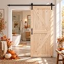 S&amp;Z TOPHAND® 38in x 80in Unfinished British Brace Knotty Barn Door with Sliding Door Hardware Kit/Solid Wood/Sliding/Double Surfaces/A Simple Assembly is Required