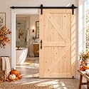 S&amp;Z TOPHAND® 40in x 80in Unfinished British Brace Knotty Barn Door with Sliding Door Hardware Kit/Solid Wood/Sliding/Double Surfaces/A Simple Assembly is Required