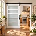 S&amp;Z TOPHAND® 50in x 84in Glass Sliding MDF Barn Door with Sliding Door Hardware Kit, 5 Tempered Frosted Glass, Slab Inside Covered with Water-Proof PVC Surface, Simple DIY Assembly