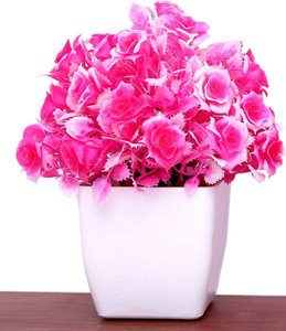s-biv pink rose artificial flower  with pot 7 inch pack of 1 flower with basket