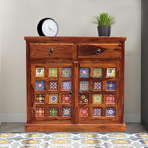 s h arts sheesham wood sideboard cabinet for kitchen amp living room  wooden side board with 2 drawers amp shelf storage  side board cabinet furniture natural honey finish