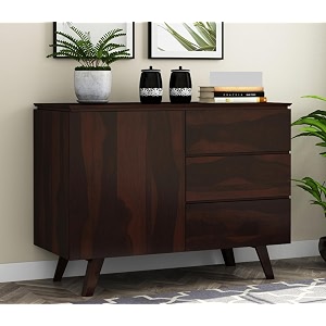 s h arts solid sheesham wood wooden sideboard cabinet amp chest of drawers - 3 drawersshelves storage - ideal for living room bedroom storage walnut finish