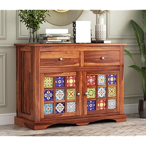 s h arts solid sheesham wood sideboard cabinet with 2 drawers and 2 door storage  durable wooden cabinet organizer for home office living room and entryway honey finish 07