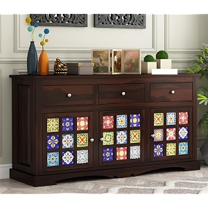 s h arts solid sheesham wood wooden sideboard cabinet amp chest of drawers - 3 drawersshelves storage - ideal for living room bedroom storage walnut finish 06