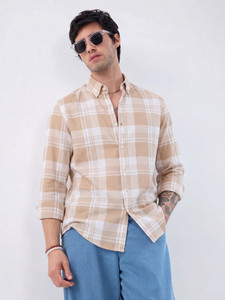 S-LINE Men Checkered Casual Orange Shirt