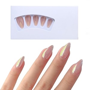 savi 24 pcs - nude almond false nails chrome effect medium length easy-to-apply press on nail art