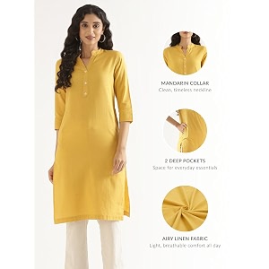SAADAA Womens Airy Linen Long Kurta with