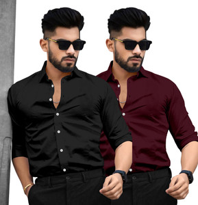 SAADIWALA Men Solid Casual Black Maroon Shirt
