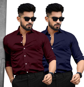 SAADIWALA Men Solid Casual Dark Blue Maroon