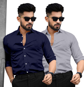 SAADIWALA Men Solid Casual Dark Blue Grey
