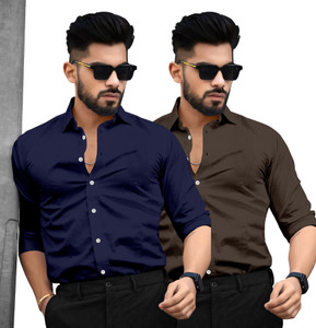 SAADIWALA Men Solid Casual Dark Blue Brown