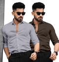 SAADIWALA Men Solid Casual Grey Brown Shirt