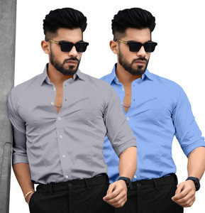 SAADIWALA Men Solid Casual Light Blue Grey
