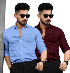 SAADIWALA Men Solid Casual Light Blue Maroon