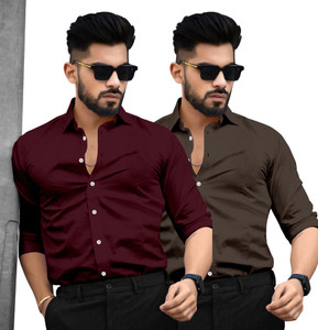 SAADIWALA Men Solid Casual Maroon Brown Shirt