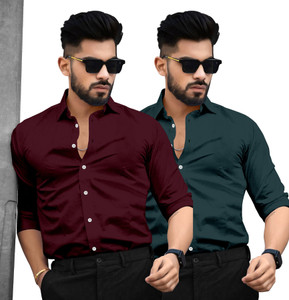 SAADIWALA Men Solid Casual Maroon Green Shirt