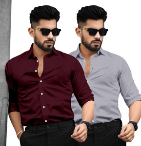 SAADIWALA Men Solid Casual Maroon Grey Shirt