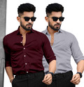 SAADIWALA Men Solid Casual Maroon Grey Shirt