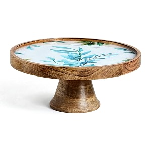saaga white amp aquamarine mango wood cake stand  10 x 425 inch round printed wooden stand  decorative display platter for cakes pizza desserts amp pastries  dining amp serving